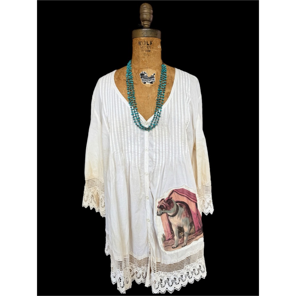 Upcycled White Cotton Lace Tunic Shirt Vintage Dog Art Oversized Boho One of One